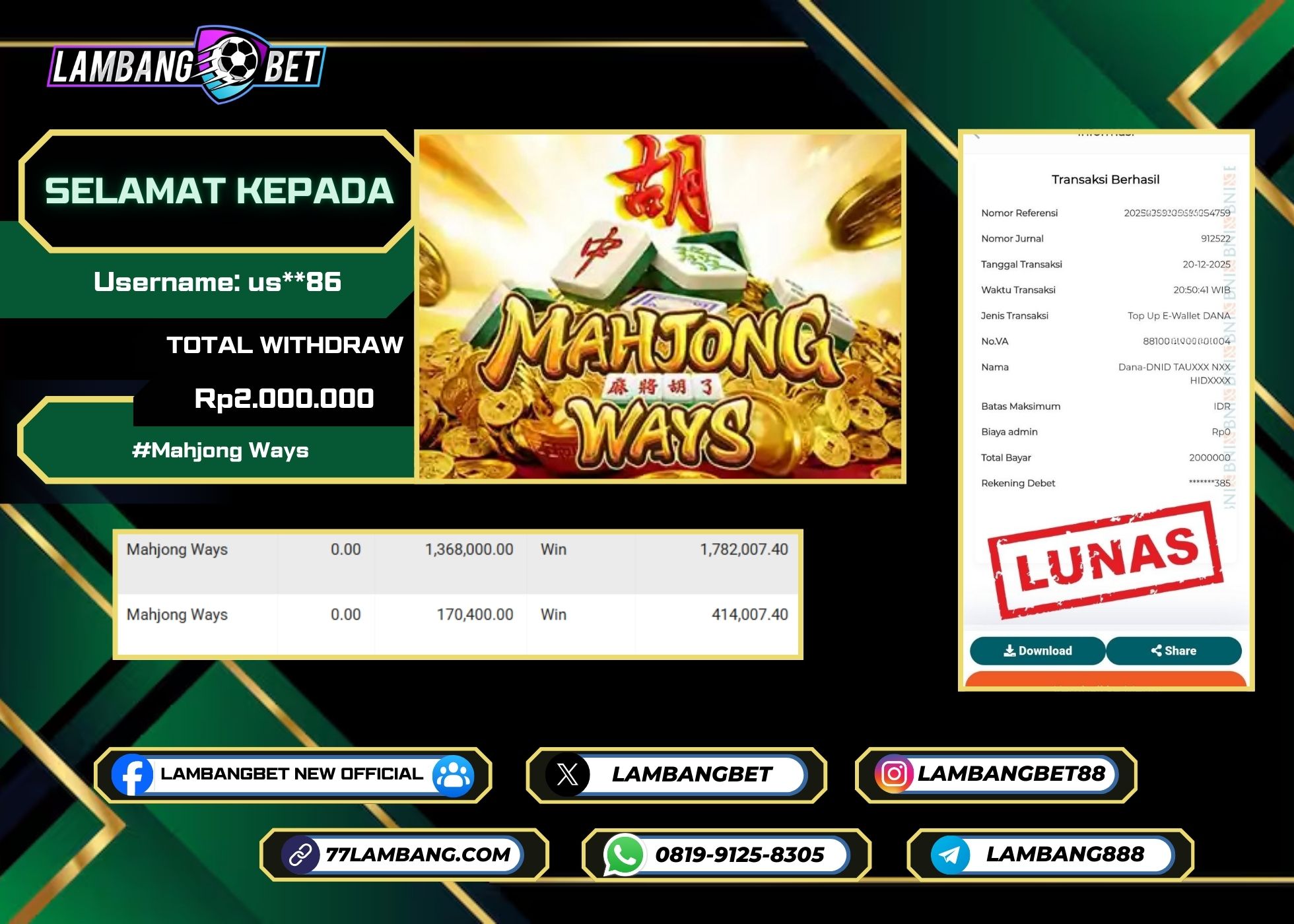 LAMBANGBET [20 DESEMBER 2025] JACKPOT SLOT Mahjong Ways "Rp2.000.000" LUNAS